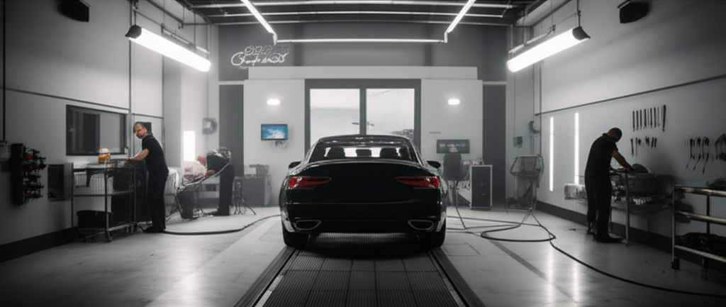 Luxury car in a pristine auto body shop